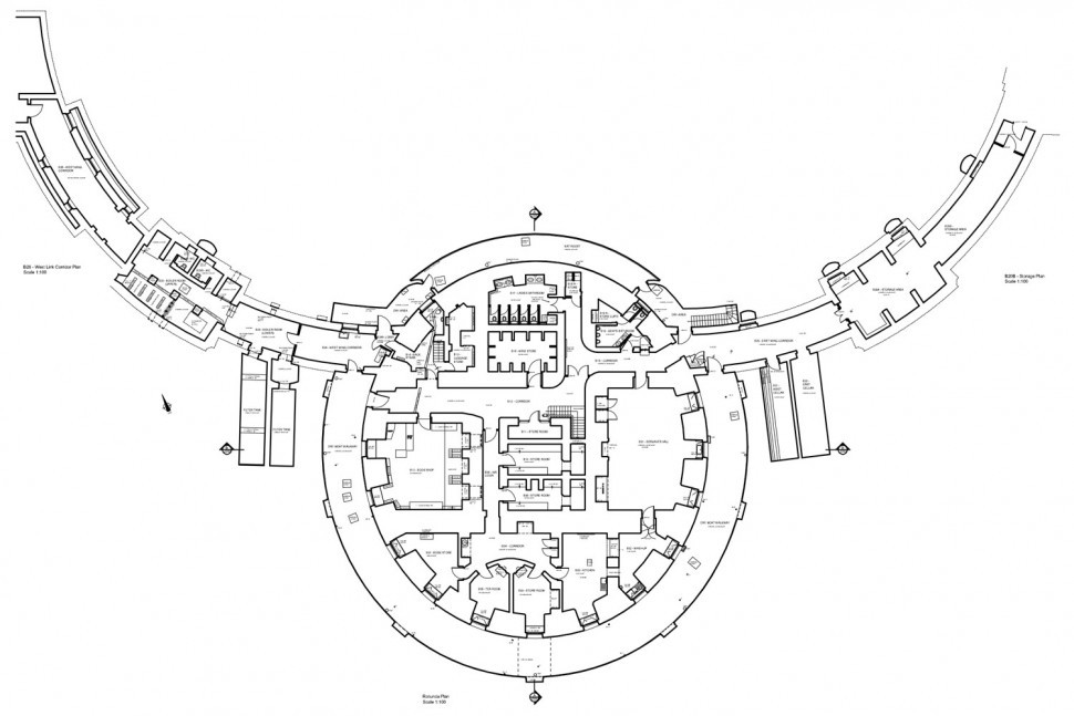Basement plan of central rotunda, connected by curved corridors to two rectangular wings.