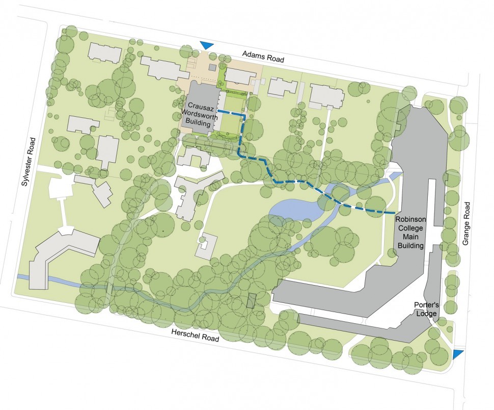 Robinson College site map showing location of Crausaz Wordsworth Building