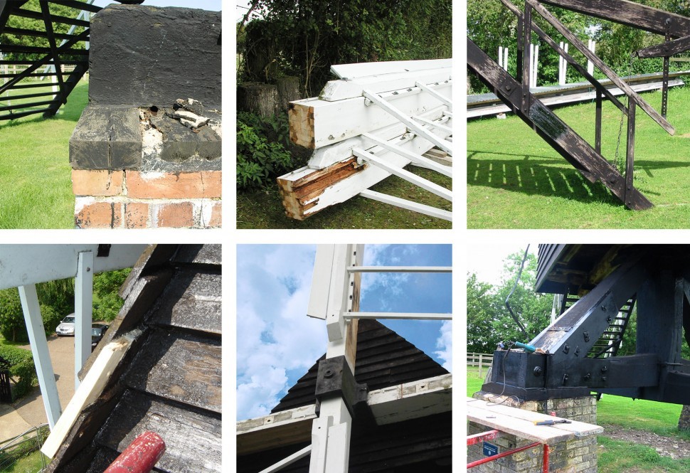 Stages of repair at Bourn Mill.